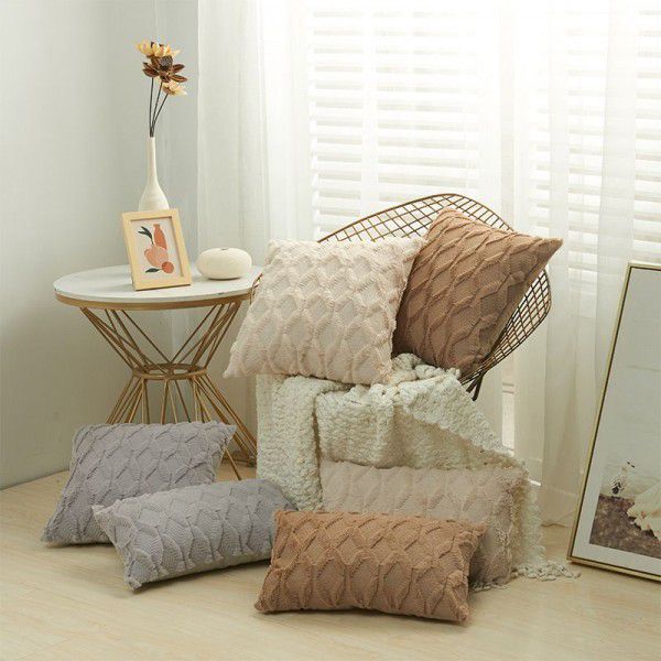 Wholesale special embroidered geometric diamond block plush pillowcase Simple solid color Nordic style household pillowcase 