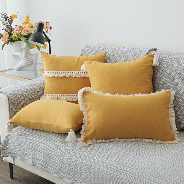 Nordic linen tassel pillow cover American style garden sofa pillow office waist pillow bedside cushion waist back wholesale 