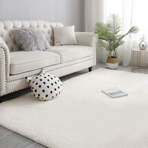 White carpet, living room, household bedroom, plush floor mat, large area, Nordic girls, full room, bedside 