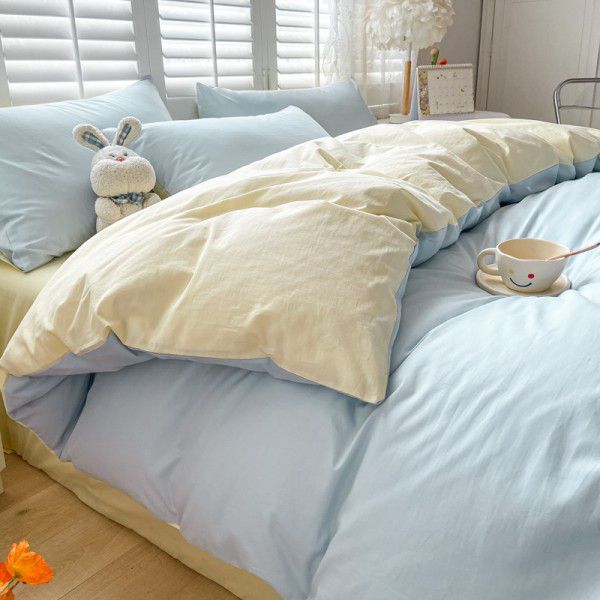 Ins style simple bedding cream style kit nude sleeping water washing cotton sheet quilt cover student dormitory four piece set 