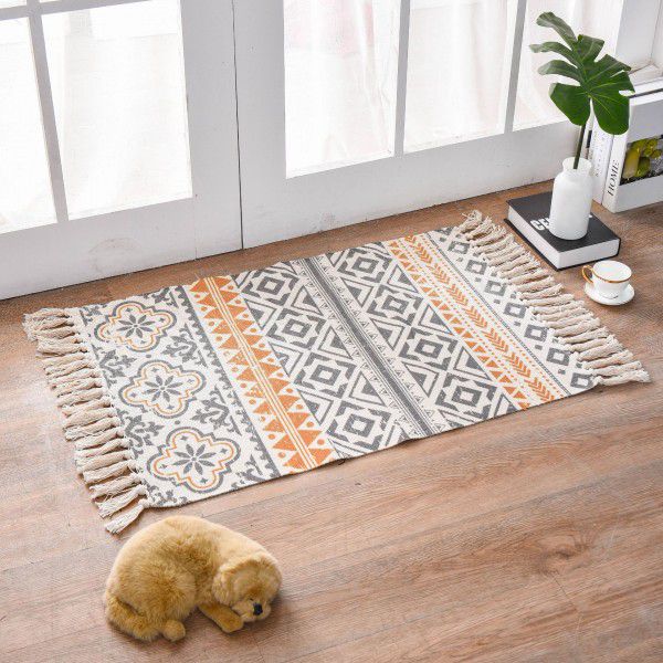 Nordic light luxury cotton woven floor mat fabric printed tassel floor mat household living room bedroom bedside mat carpet 