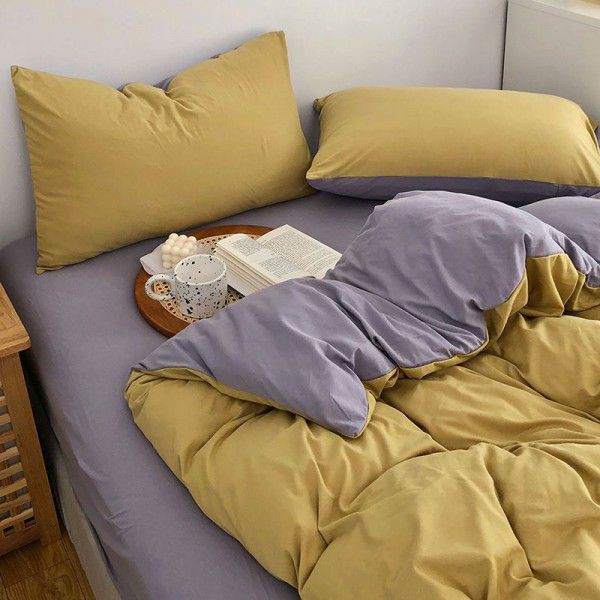 Autumn and winter new color contrast knitted cotton four piece set simple plain color quilt cover pillowcase bed sheet fitted sheet set wholesale 