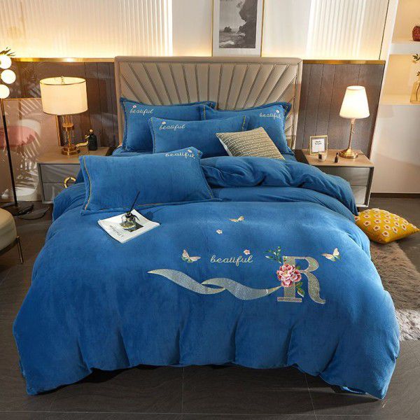 Autumn and winter thickened milk velvet four piece set, flower embroidery flannel quilt cover, bed sheet, bedding set, wholesale 