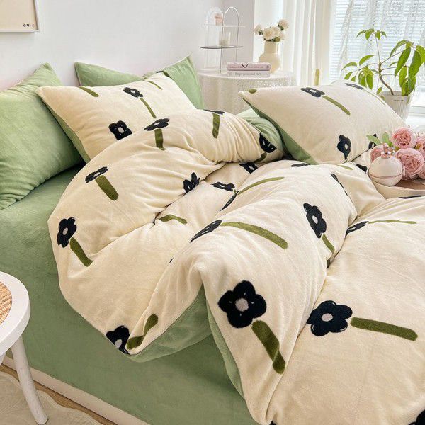 Autumn and winter cartoon small fresh milk velvet four piece set plush double faced plush thickened bed sheet quilt cover bed three piece set 