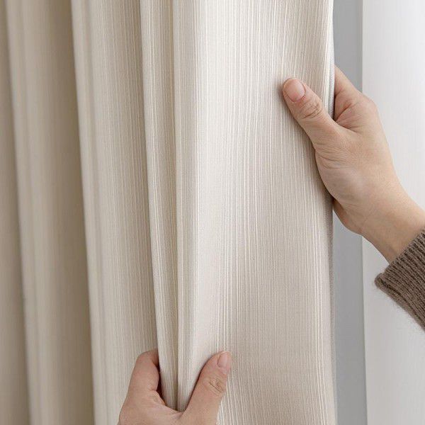 Modern simple thousand silk cotton curtain, solid color blackout cloth, cream color curtain, light luxury, vertical stripe, living room and bedroom project 