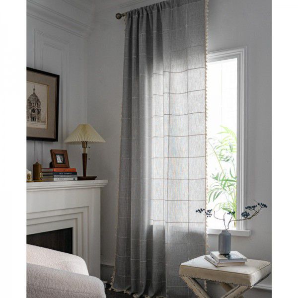 Lexuan Xiu's new jacquard lattice curtain, polyester imitation cotton tassel kitchen curtain, Nordic style shooting background curtain 