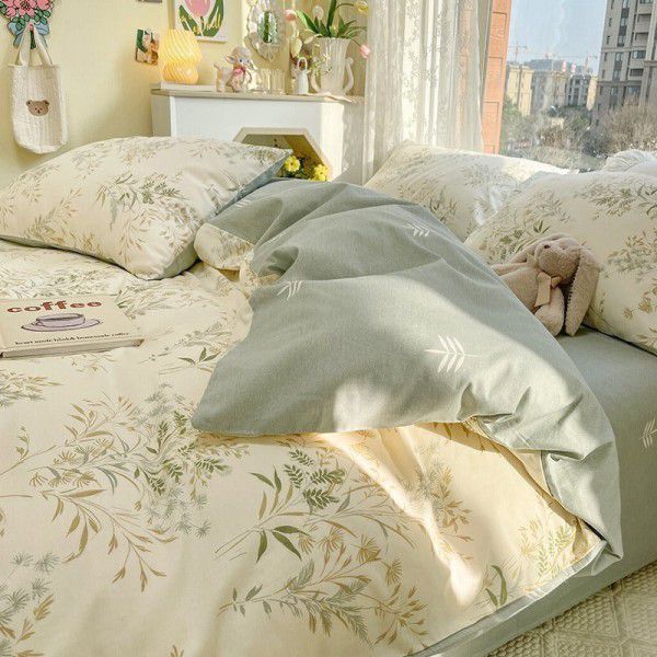 Ins wind pure cotton 100% cotton four piece bed set floral mesh red bed quilt cover sheet three piece fitted sheet 