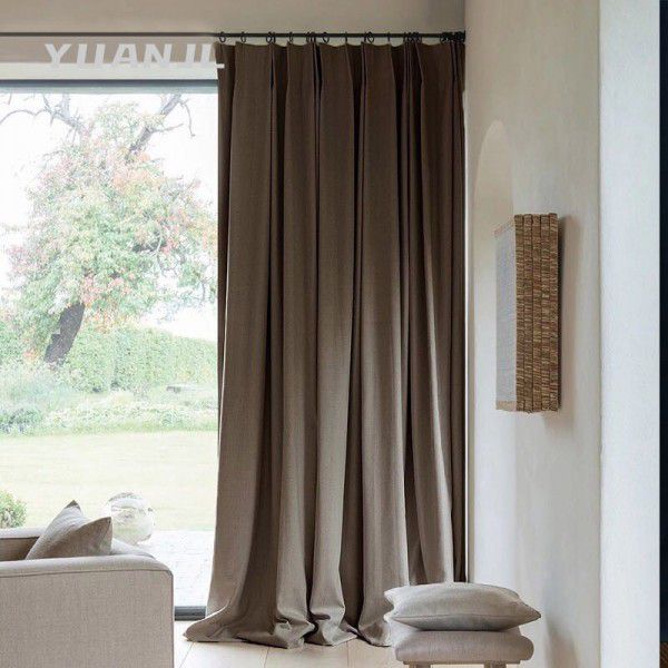 Nordic Simple American Soft Brushed Cashmere Cotton Linen Curtain Study Living Room Solid Semi Blackout Curtain 