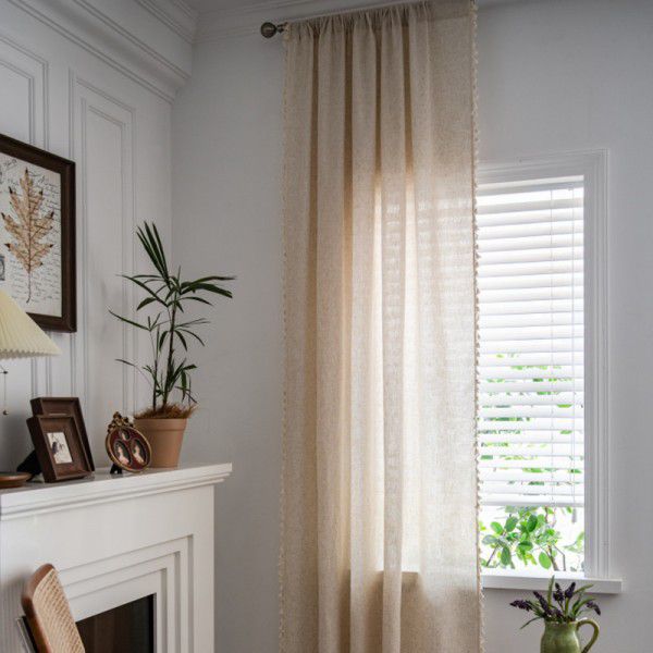 Le Xuan Xiu Amazon Hot Sale Bedroom Semi Blackout Curtain Finished Polyester Linen Pure Color Simple Tassel Kitchen Curtain Wholesale