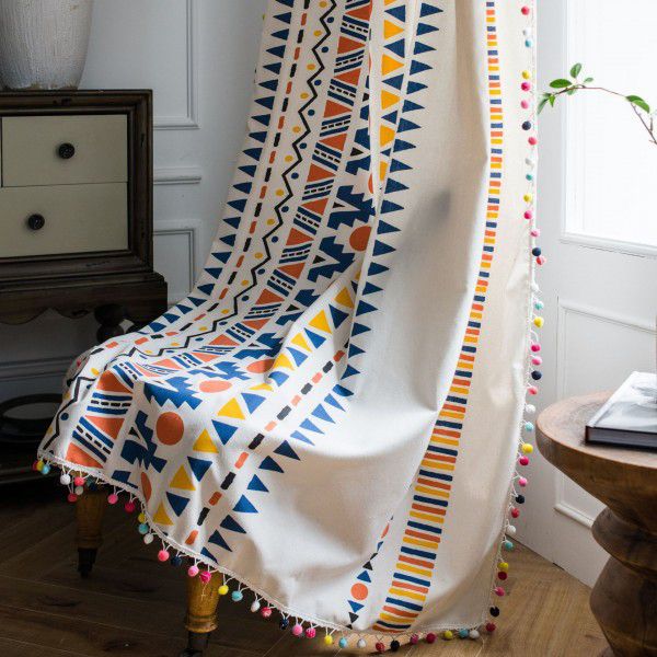 Yimanqiyun curtain cotton linen printing color wool ball Bohemian style rural cross-border curtain factory direct supply