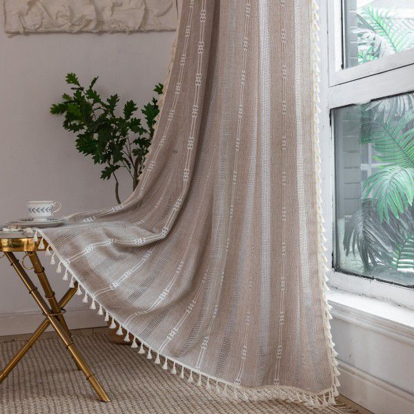 Manufacturer's cross-border exclusive curtain, finished product, embroidered stripe, hollowed out, brown bedroom, jacquard kitchen, small window, short curtain