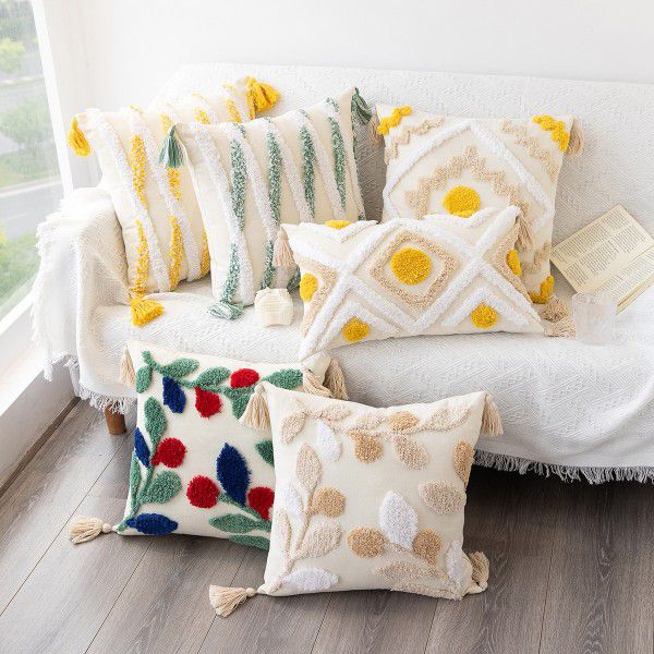 Amazon New Bohemian Geometric Tufted Pillow Case Home Fringe Cushion Home Stay Simple Waist Pillow 