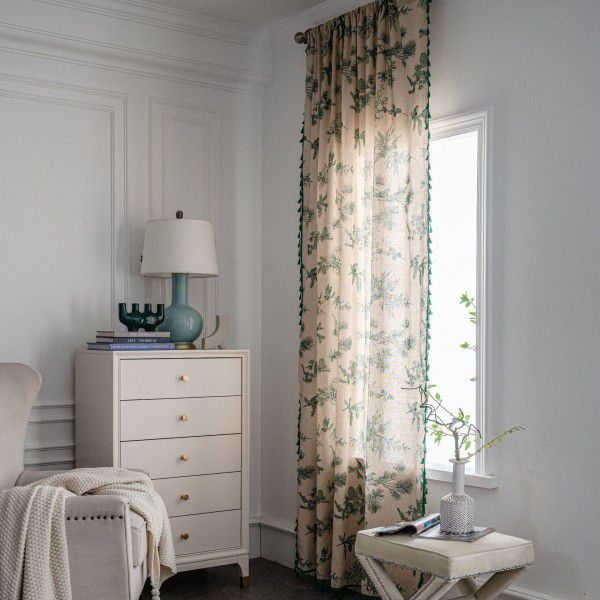 Yimanqiyun curtain, finished cotton and linen printing, green pine nut home stay curtain, semi shading kitchen curtain, floating window, factory straight