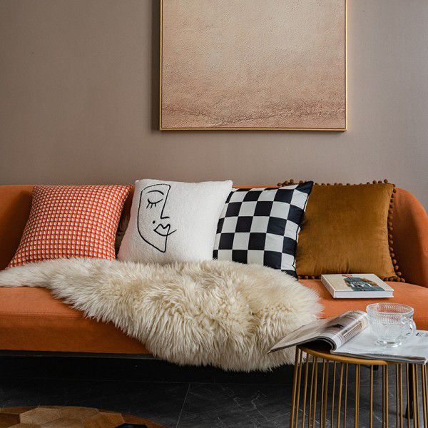 Nordic lamb plush ins style embroidery face pillow chessboard light luxury velvet vintage sofa waist cushion cover 