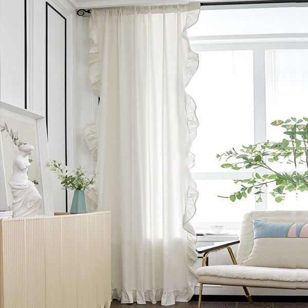 Buda Nordic French simple white ruffled window kitchen curtain semi-shading bedroom finished curtain wholesale