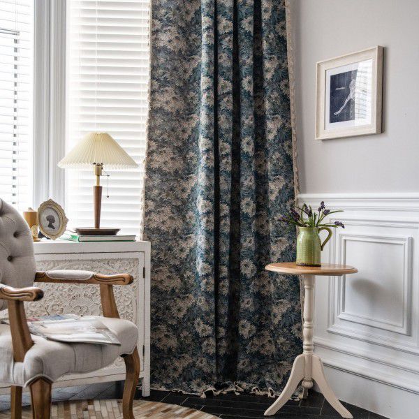 Yimanqiyun curtains, blue oil paintings, flowers, kitchen curtains, American style country window curtains, finished semi shading