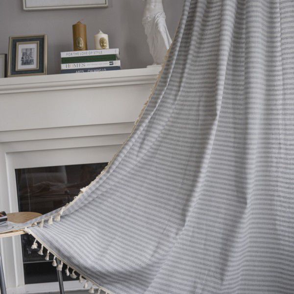 Lexuan Xiu Cotton Lined Curtain Cloth Wholesale Northern Europe Simple INS Wind Grey White Thin Stripe Bedroom Hanging Curtain