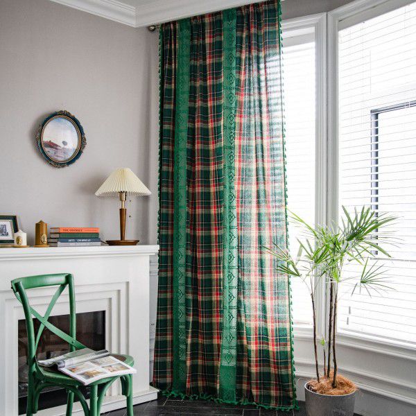 Yimanqiyun curtain, green lattice splicing, yarn dyed American curtain, finished kitchen curtain, floating window curtain, semi shading 