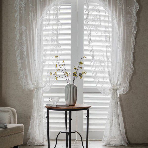 Yimanqiyun Retro translucent lace gauze curtain, lotus leaf balcony, floating window, white sand partition, wave pastoral curtain