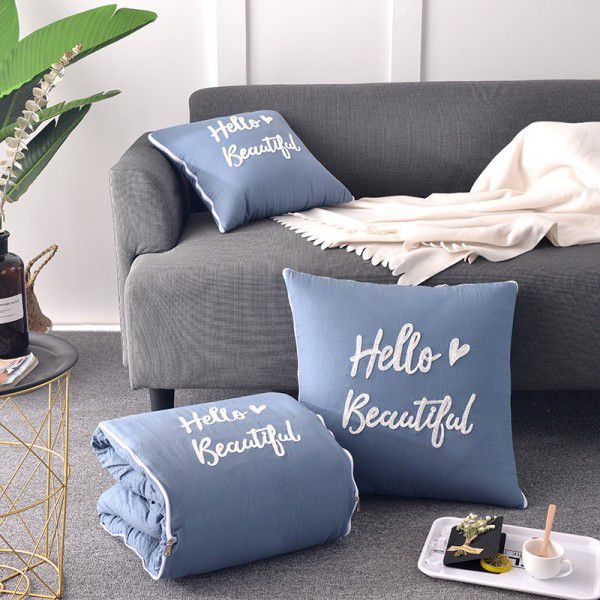 Washed Cotton Embroidery Throw Pillow by Car Sofa Throw Pillow Air Conditioner Thickened by Autumn and Winter Warm Double sided Quilt Large 