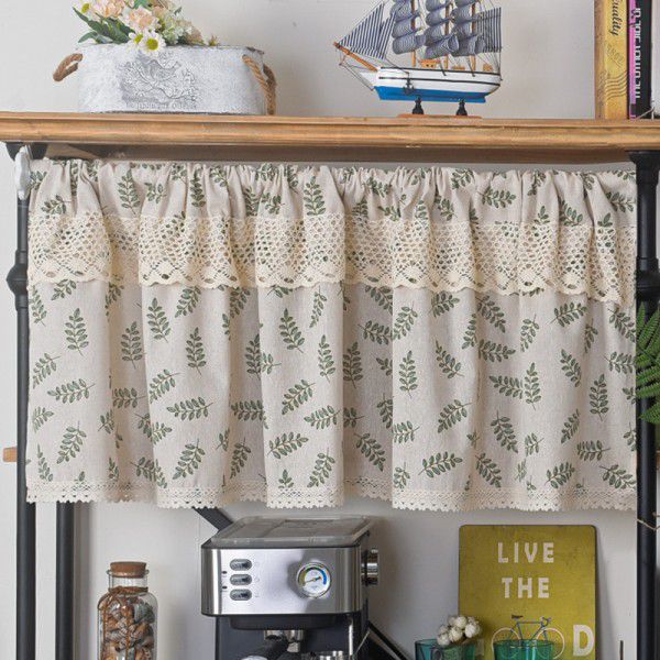 Lexuan Xiu Cotton Linen Printing Olive Leaf Short Curtain American Garden Kitchen Cabinet Shelter Curtain Punch Free Coffee Curtain