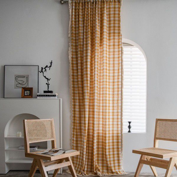 Yimanqiyun curtain lattice yarn dyed American curtain finished kitchen curtain floating window curtain semi shading