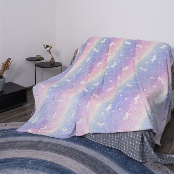 Wholesale of flannel luminous blanket in autumn and winter, gradual change of white horse luminous coral blanket, lunch break, children's fluorescent blanket 