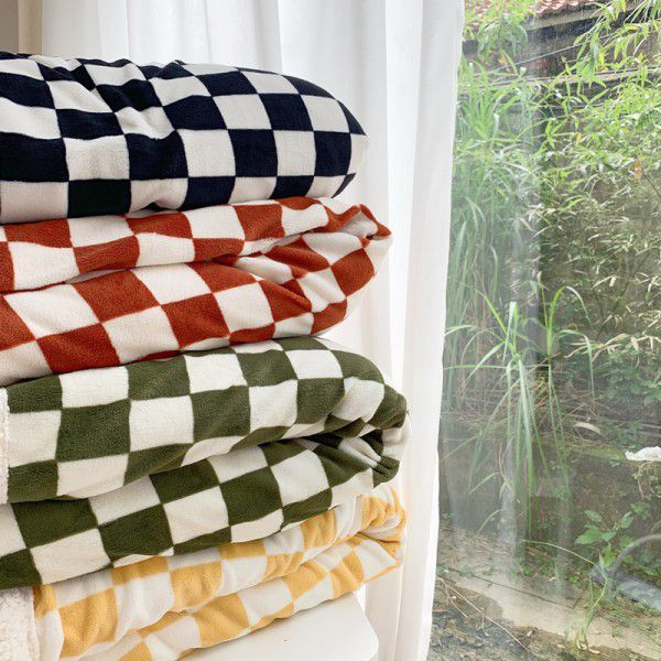 Retro modern checkerboard blanket feather lamb soft waxy sofa blanket office nap summer thin net red 