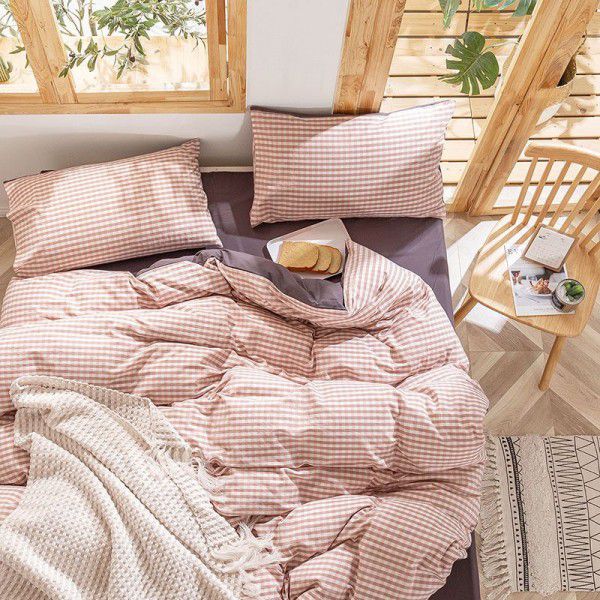 Simple Nordic style bedding four piece quilt sheet washed cotton quilt cover pure cotton solid color bed sheet fitted sheet 