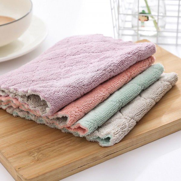 Kitchen clean solid color double-sided strong absorbent rag, no hair loss, no oil, dishwashing towel, dry and wet cleaning cloth 