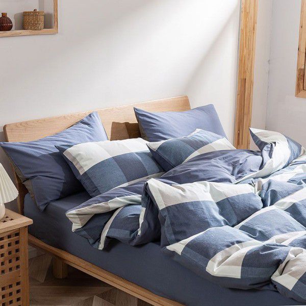 Autumn and winter new washed cotton four piece set home textile bed products pure cotton 1.5 quilt cover single three piece set blue check 